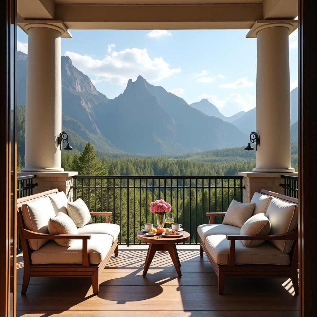  close up of a luxurious hotel balcony overlooking a stunning wyoming landscape. the balcony features elegant outdoor furniture with plush cushions, a small table set with a gourmet breakfast, and a vase of fresh flowers. the background showcases majestic mountains, lush greenery, and a clear blue sky. the image should have a warm, inviting atmosphere with natural sunlight casting soft shadows. use high quality, photorealistic style to emphasize the opulence and tranquility of the setting.ensure all images are clear, detailed, contains no text and no deformities. realistic, highly detailed, photorealistic, cinematic lighting, intricate, sharp focus, f/1.8, 85mm, (centered image composition), (professionally color graded), ((bright soft diffu