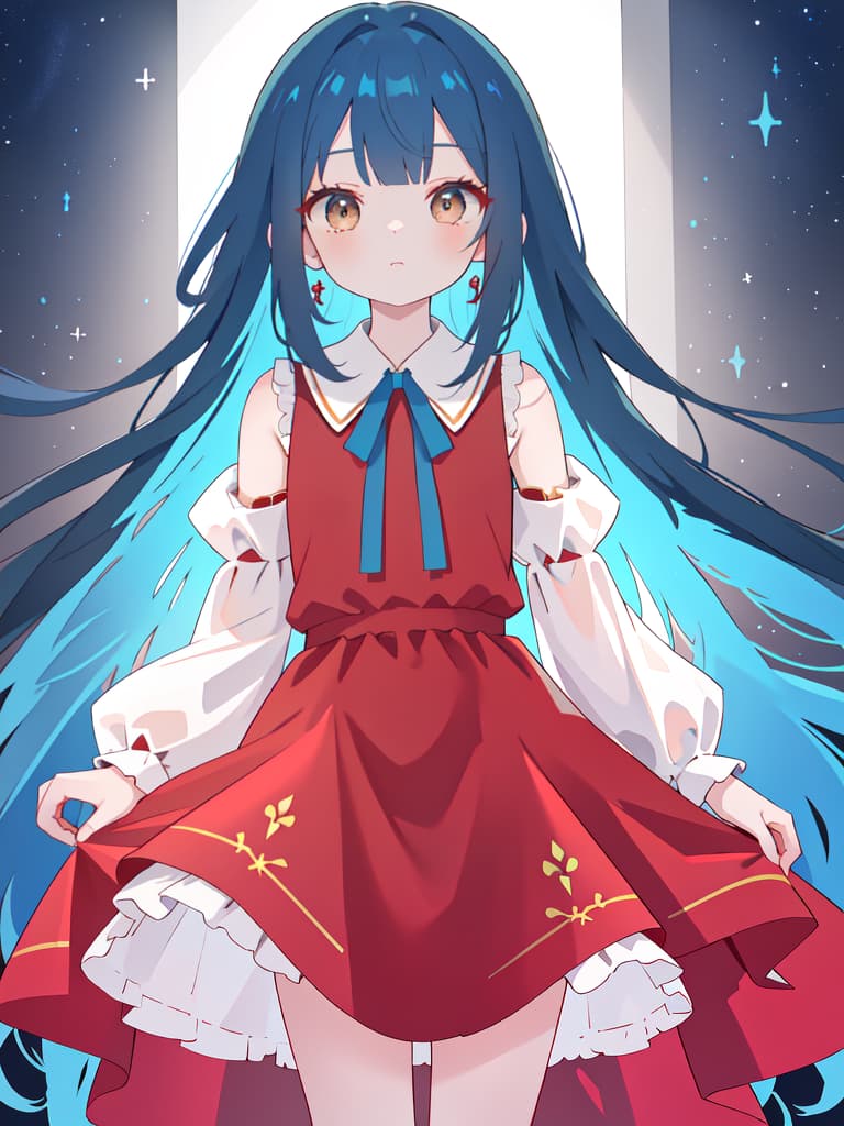  Slim girls, cute, deep blue hair, straight long hair, brown eyes, ribbon catusha, sleeveless dress, sleeves, red clothes, masterpiece, best quality,8k,ultra detailed,high resolution,an extremely delicate and beautiful,hyper detail