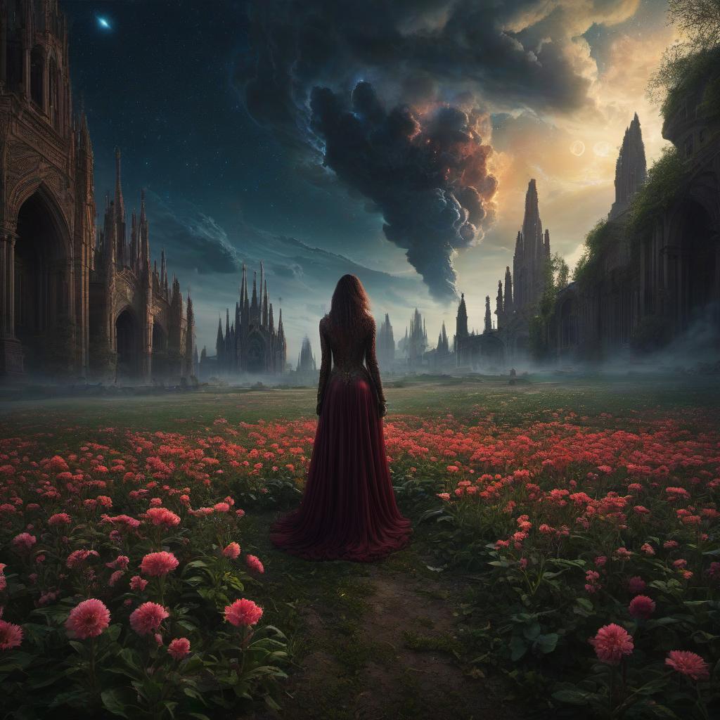  (stylized by Tomasz Alen Kopera:1.3) , dark art, dense flower field and Perseid meteor in background, landscape of a (Barcelona:1.2) , very Bizarre and 1600'S, Hurricane, Glitchcore, Amaro, layered textures, ornate, intricate artistic color, complimentary colors, very inspirational, atmosphere, fine artistic composition, sunny, theatrical hyperrealistic, full body, detailed clothing, highly detailed, cinematic lighting, stunningly beautiful, intricate, sharp focus, f/1. 8, 85mm, (centered image composition), (professionally color graded), ((bright soft diffused light)), volumetric fog, trending on instagram, trending on tumblr, HDR 4K, 8K