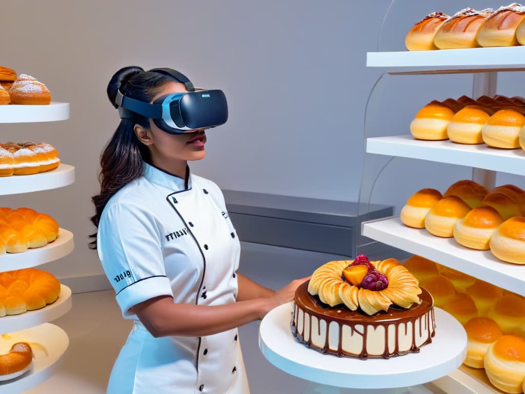  A closeup, ultradetailed 8k image of a virtual reality headset displaying a hyperrealistic, interactive virtual bakery environment with a diverse array of pastries and desserts being meticulously crafted and designed by digital avatars of professional pastry chefs. The vibrant colors and intricate details of the digital confections are visually striking, showcasing the innovative and immersive potential of virtual reality technology in pastry education. hyperrealistic, full body, detailed clothing, highly detailed, cinematic lighting, stunningly beautiful, intricate, sharp focus, f/1. 8, 85mm, (centered image composition), (professionally color graded), ((bright soft diffused light)), volumetric fog, trending on instagram, trending on tumblr, HDR 4K, 8K