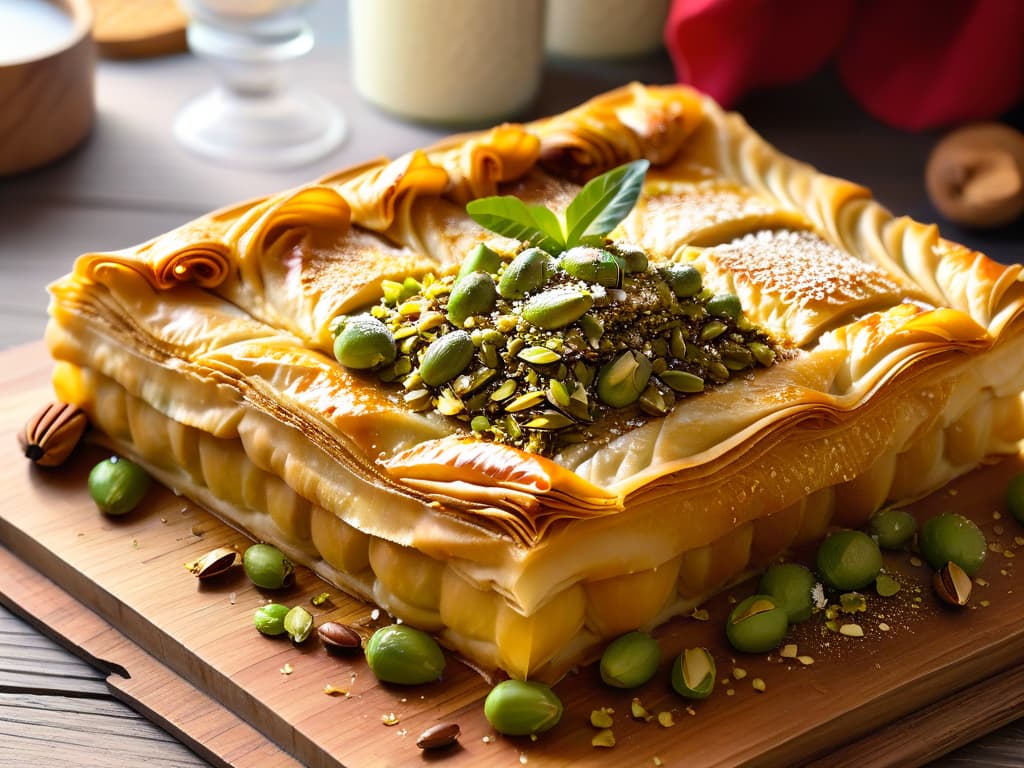  A closeup, ultradetailed image of layers of golden, flaky phyllo pastry filled with a rich mixture of chopped nuts and sweet honey syrup, sprinkled with crushed pistachios on top. The baklava is neatly arranged on a rustic, wooden serving platter, exuding a glossy sheen that glistens under a soft, warm light. Each layer of the baklava is perfectly visible, showcasing the intricate textures and colors of this delectable dessert. hyperrealistic, full body, detailed clothing, highly detailed, cinematic lighting, stunningly beautiful, intricate, sharp focus, f/1. 8, 85mm, (centered image composition), (professionally color graded), ((bright soft diffused light)), volumetric fog, trending on instagram, trending on tumblr, HDR 4K, 8K