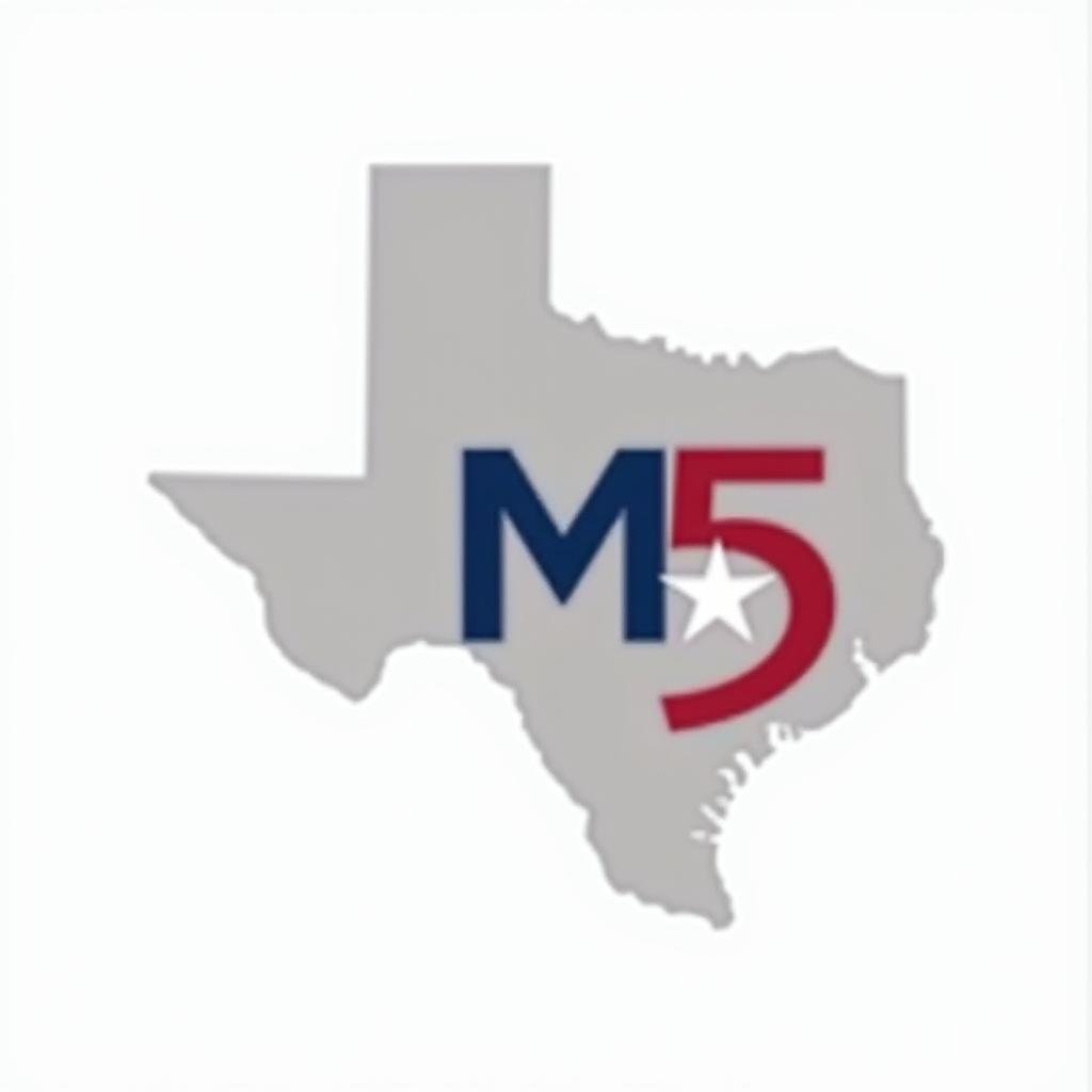  create a minimalist logo featuring the outline of texas. inside the outline, include the letters 'm5' in a bold, modern font: the 'm' in blue, the '5' in red, and a white star. use colors from the texas flag (blue, red, and white) for these elements. add the text 'custom homes and remodeling, llc' elegantly below or around the texas outline in a neutral color, like black or dark blue, to enhance readability while keeping the focus on the central design.