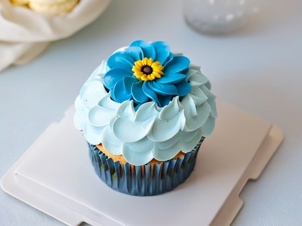  A closeup, ultradetailed image of a perfectly frosted cupcake, with delicate swirls of pastelcolored buttercream, topped with a single elegant edible flower, set on a pristine white plate against a softfocus background of a sunlit kitchen. hyperrealistic, full body, detailed clothing, highly detailed, cinematic lighting, stunningly beautiful, intricate, sharp focus, f/1. 8, 85mm, (centered image composition), (professionally color graded), ((bright soft diffused light)), volumetric fog, trending on instagram, trending on tumblr, HDR 4K, 8K