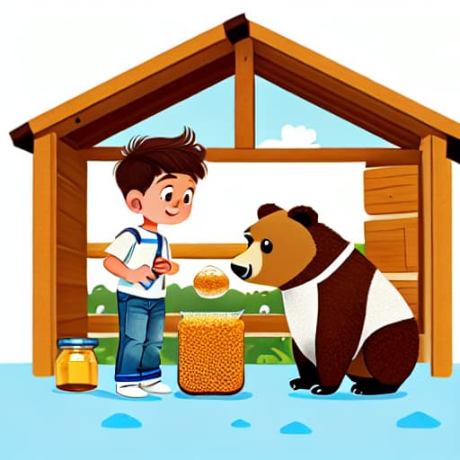  a boy with short hair and white shirt with blue jeans is standing, and a brown bear is sitting and eating honey, in the cabin