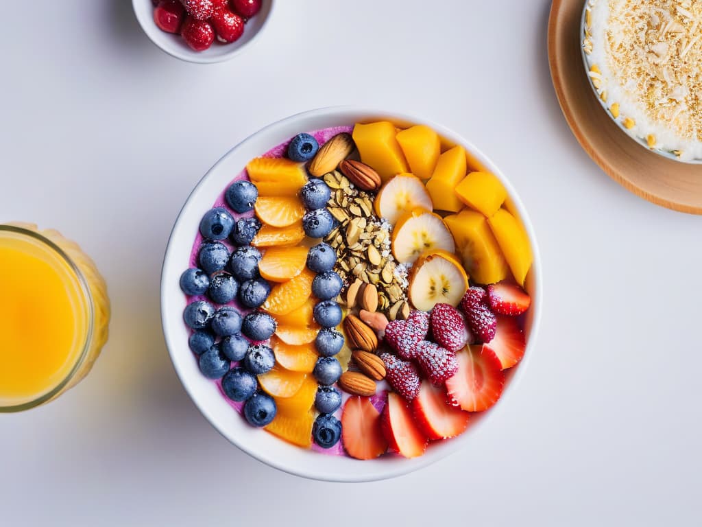  A highresolution image of a beautifully arranged acai bowl topped with vibrant fresh fruits, nuts, and seeds, set against a clean, white background. The acai bowl is garnished with a drizzle of honey and coconut flakes, showcasing the colorful and nutritious ingredients that can be incorporated into healthy dessert recipes. hyperrealistic, full body, detailed clothing, highly detailed, cinematic lighting, stunningly beautiful, intricate, sharp focus, f/1. 8, 85mm, (centered image composition), (professionally color graded), ((bright soft diffused light)), volumetric fog, trending on instagram, trending on tumblr, HDR 4K, 8K