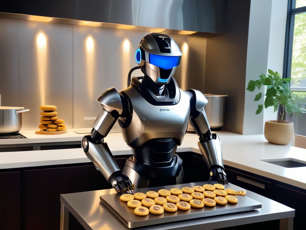  A sleek and futuristic robot chef, standing tall in a modern kitchen with stainless steel countertops and hightech appliances. The robot's metallic exterior gleams under the soft ambient lighting, showcasing intricate details like precise joints and advanced sensors. Its nimble robotic arms are delicately placing perfectly golden cookies onto a cooling rack, surrounded by a cloud of flour and a scattering of chocolate chips. The scene captures a harmonious blend of cuttingedge technology and traditional baking, symbolizing the seamless integration of science fiction into the art of cooking. hyperrealistic, full body, detailed clothing, highly detailed, cinematic lighting, stunningly beautiful, intricate, sharp focus, f/1. 8, 85mm, (centered image composition), (professionally color graded), ((bright soft diffused light)), volumetric fog, trending on instagram, trending on tumblr, HDR 4K, 8K