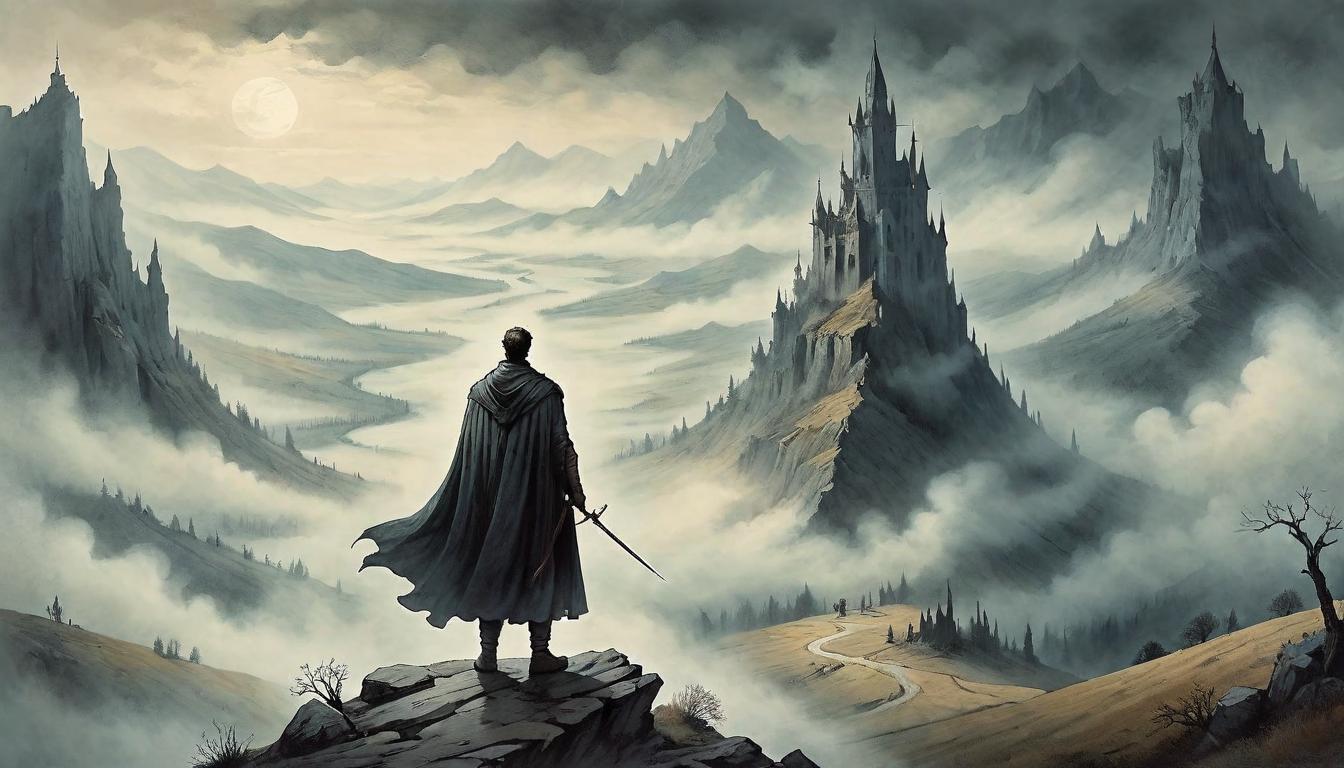  on parchment, surrealism+++, A lone figure standing on a peak, cloak billowing in the wind, overlooking a valley shrouded in mist, figure resolute, valley vast and unknown, embodiment of leadership, solitary determination(mysterious, provocative, symbolic,muted color)+++