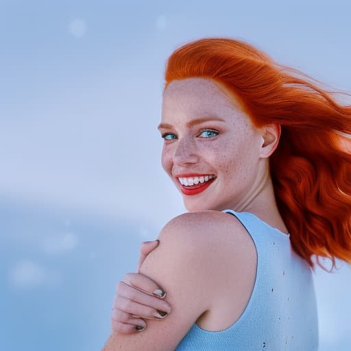 portrait+ style A vint portrait of a  with freckles and bright blue eyes, her red hair tied back as she laughs openly, the background softly blurred to draw all attention to her joyful expression..,portrait,8k,high quality,soft lighting,high quality, Fujifilm XT3