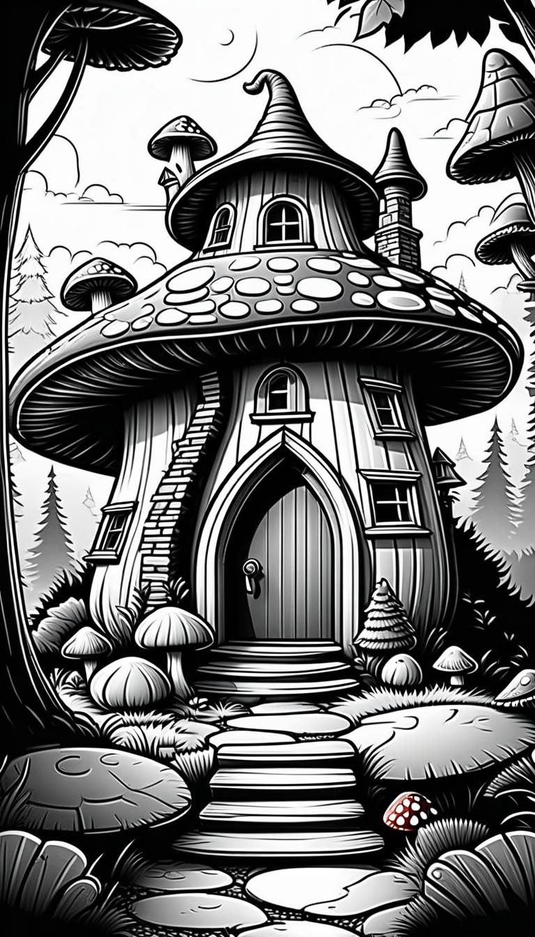  line art drawing (masterpiece, ultra high resolution: 1.2), black and white sketch with pencil in the style of coloring, thick and thin lines, gnome house in the form of a mushroom, round windows, square door, brick paths, wooden fence, meticulously crafted masterpiece . professional, sleek, modern, minimalist, graphic, line art, vector graphics hyperrealistic, full body, detailed clothing, highly detailed, cinematic lighting, stunningly beautiful, intricate, sharp focus, f/1. 8, 85mm, (centered image composition), (professionally color graded), ((bright soft diffused light)), volumetric fog, trending on instagram, trending on tumblr, HDR 4K, 8K