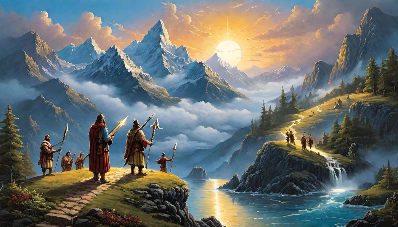  （surrealism)A gathering of figures in a circle, each one holding a trophy or scroll, sharing their victories, diverse group, detailed expressions of joy and camaraderie, background faintly showing a path leading to mountains, wisdom and shared lessons mystic, intricate details, best quality)