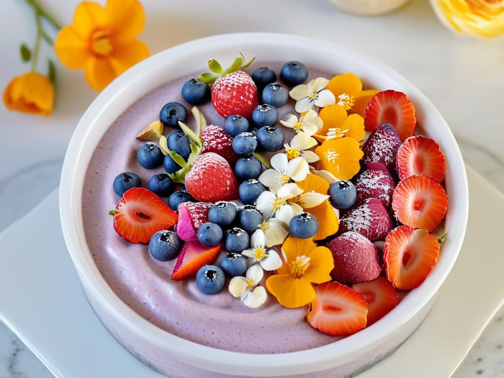  A closeup of a vibrant and colorful chia pudding topped with a variety of fresh berries, nuts, and edible flowers, elegantly presented on a sleek marble countertop. The chia seeds are glistening with moisture, and the fruits are arranged artfully, showcasing the health benefits and aesthetic appeal of incorporating chia seeds into delicious and nutritious desserts. hyperrealistic, full body, detailed clothing, highly detailed, cinematic lighting, stunningly beautiful, intricate, sharp focus, f/1. 8, 85mm, (centered image composition), (professionally color graded), ((bright soft diffused light)), volumetric fog, trending on instagram, trending on tumblr, HDR 4K, 8K