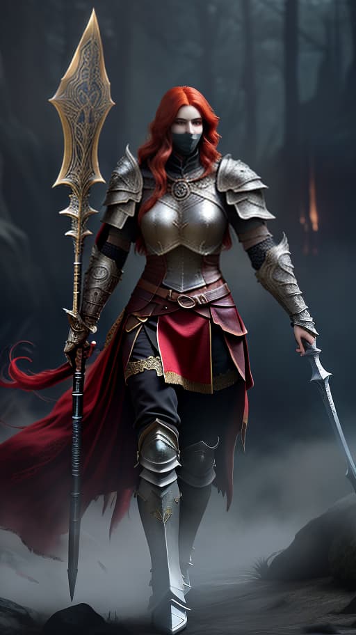  A warrior with a gigantic spear, in luxurious armor and a mask, in the style of Dark Souls, of full height, with red hair. hyperrealistic, full body, detailed clothing, highly detailed, cinematic lighting, stunningly beautiful, intricate, sharp focus, f/1. 8, 85mm, (centered image composition), (professionally color graded), ((bright soft diffused light)), volumetric fog, trending on instagram, trending on tumblr, HDR 4K, 8K