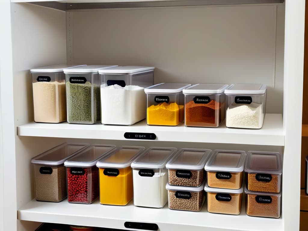  A minimalist, ultradetailed image of a sleek, hightech pantry organization system. The image showcases a series of perfectly aligned, transparent storage containers filled with colorful baking ingredients like flour, sugar, and spices. The containers are neatly labeled in a modern, elegant font. The background is a soft, neutral color to enhance the vibrant hues of the ingredients, creating a visually striking and organized display. hyperrealistic, full body, detailed clothing, highly detailed, cinematic lighting, stunningly beautiful, intricate, sharp focus, f/1. 8, 85mm, (centered image composition), (professionally color graded), ((bright soft diffused light)), volumetric fog, trending on instagram, trending on tumblr, HDR 4K, 8K