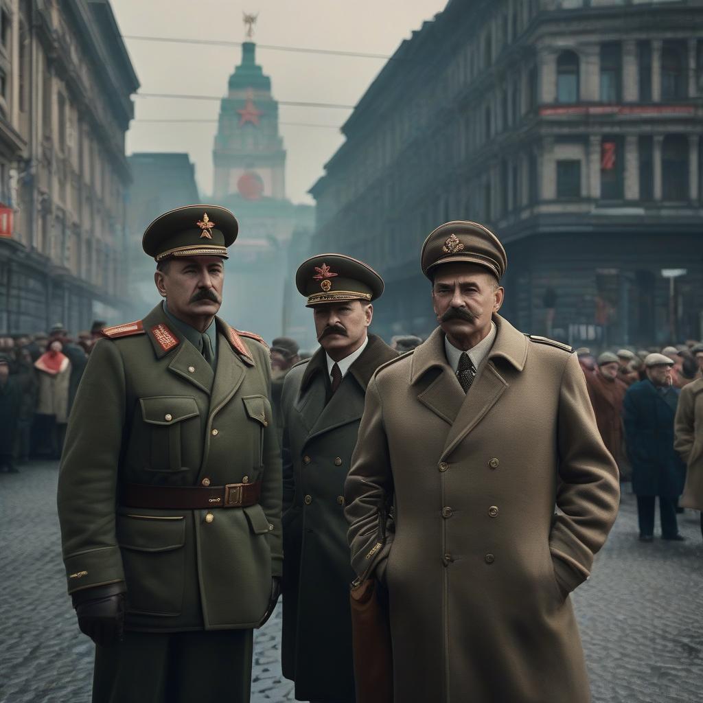  Photographs of the streets of the USSR with posters of Stalin, Lenin, in the future. hyperrealistic, full body, detailed clothing, highly detailed, cinematic lighting, stunningly beautiful, intricate, sharp focus, f/1. 8, 85mm, (centered image composition), (professionally color graded), ((bright soft diffused light)), volumetric fog, trending on instagram, trending on tumblr, HDR 4K, 8K