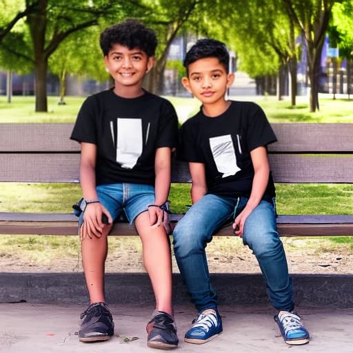 lnkdn photography the boy and the girl sitting in the bench the boy wear a t-shirt on the tshirts of boy write the name is Umar and the girls tshirts write the name is Noor