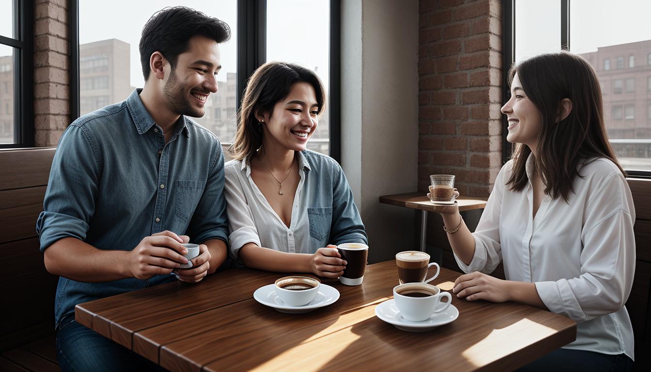  digital illustration, one man and one woman enjoying coffee together, animated conversation, sunlit café, feeling of openness and connection, looking at viewer, dynamic pose, (intricate details, masterpiece, best quality)