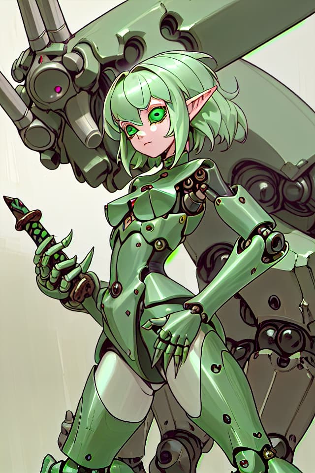  (absurdres,highres,superlative),((texture,contrast)),((masterpiece,top quality)),(fantasy,science fiction),((pastel green thema)),(madeon),solo,robot girl,robot joints,mechanical head,elf face,pointy ears,metal skin,(no feet,no hand),mechanical body,mechanical arms with weapon,oversized gun,oversized sword,mechanical legs,standing,open stance,