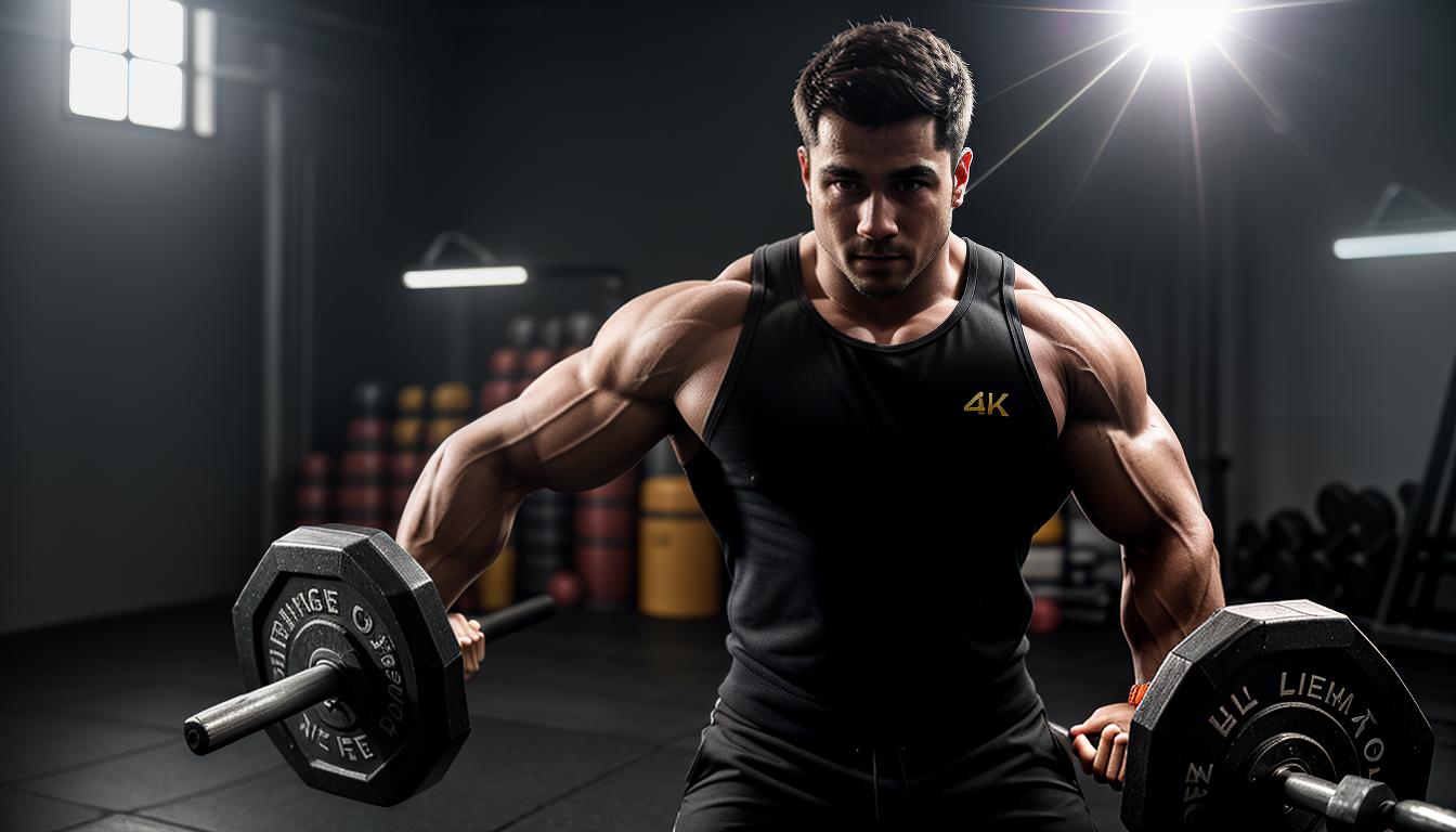  cinematic, aesthetic, Person lifting weights, defined muscles, strong posture, determination, personal strength, 4k, HDR, lens flare