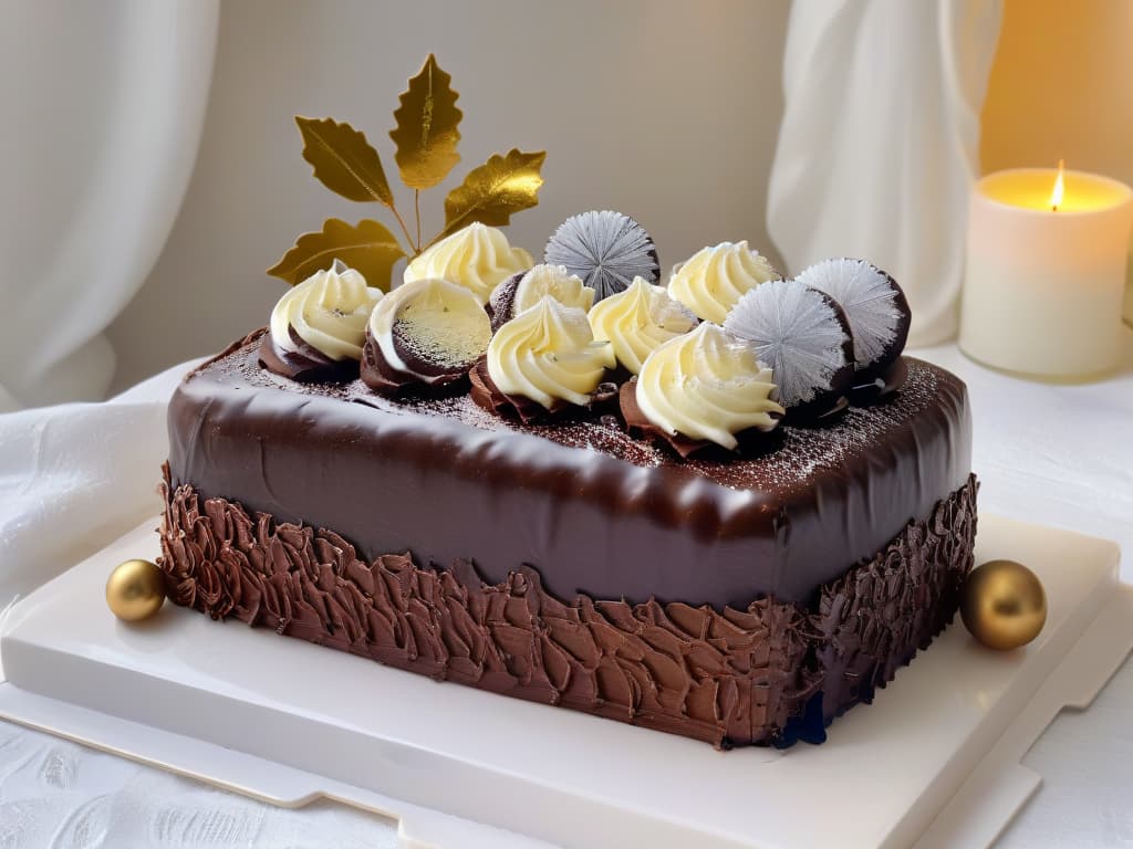  A closeup, ultradetailed image of a beautifully decorated Christmas yule log cake, covered in rich chocolate ganache and adorned with delicate edible gold leaf, fresh holly berries, and shimmering sugar snowflakes. The cake sits on a pristine white marble serving platter, with soft candlelight dancing in the background, casting a warm and inviting glow on the festive dessert. The intricate details of the cake's textured bark, glossy ganache, and vibrant decorations are captured with stunning clarity, inviting viewers to marvel at the artistry and craftsmanship of this exquisite holiday treat. hyperrealistic, full body, detailed clothing, highly detailed, cinematic lighting, stunningly beautiful, intricate, sharp focus, f/1. 8, 85mm, (centered image composition), (professionally color graded), ((bright soft diffused light)), volumetric fog, trending on instagram, trending on tumblr, HDR 4K, 8K