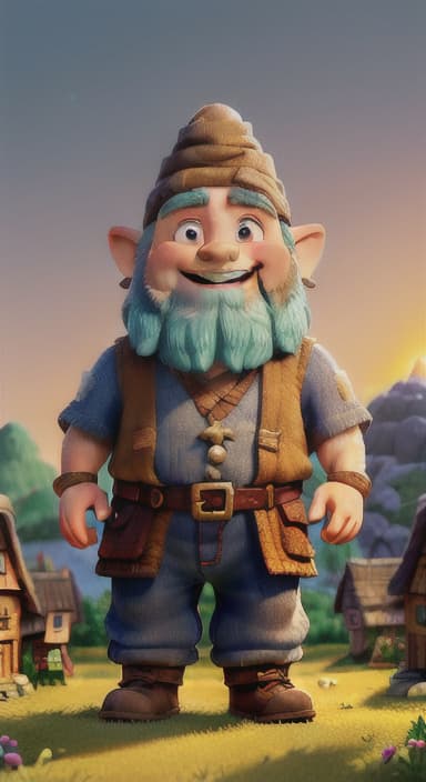  {The village at sunrise with dwarves beginning a new day, smiling and waving as they go about their happy lives., Dwarves are short, with bushy beards and rosy cheeks. They wear colorful tunics, pointy hats, and sturdy boots. They have twinkling eyes and joyful smiles.