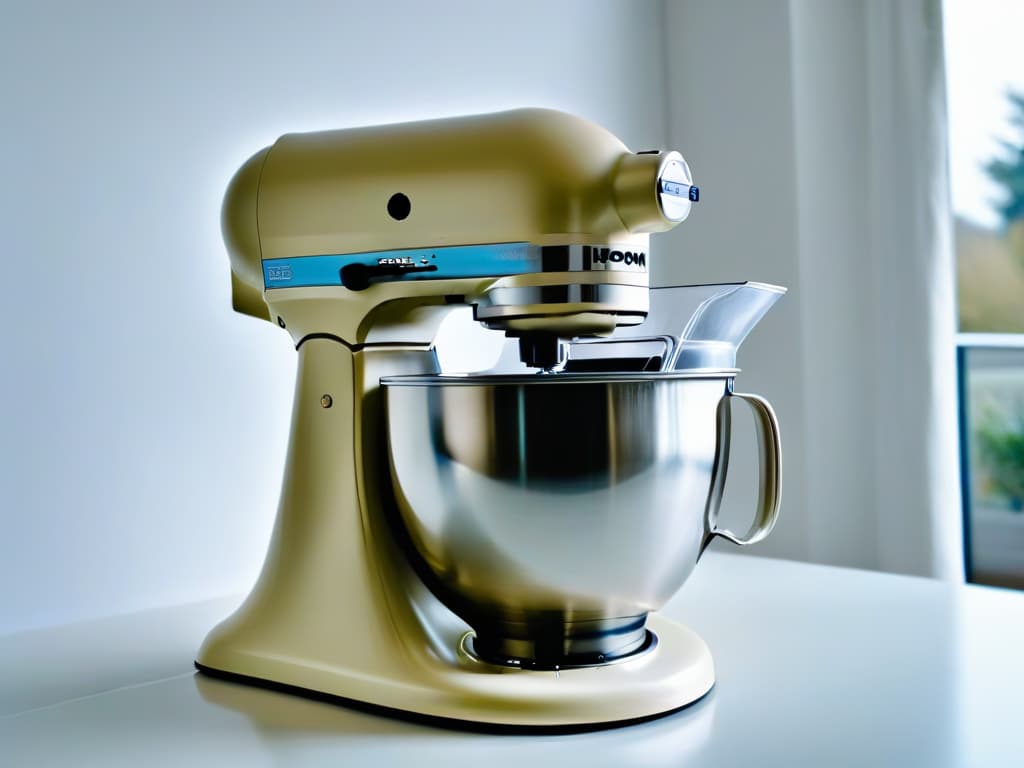  A minimalistic yet detailed 8k ultradetailed image of a sleek and modern stand mixer in a pristine white kitchen setting, with soft natural light filtering through a nearby window, highlighting the elegant design and precision engineering of the appliance. hyperrealistic, full body, detailed clothing, highly detailed, cinematic lighting, stunningly beautiful, intricate, sharp focus, f/1. 8, 85mm, (centered image composition), (professionally color graded), ((bright soft diffused light)), volumetric fog, trending on instagram, trending on tumblr, HDR 4K, 8K