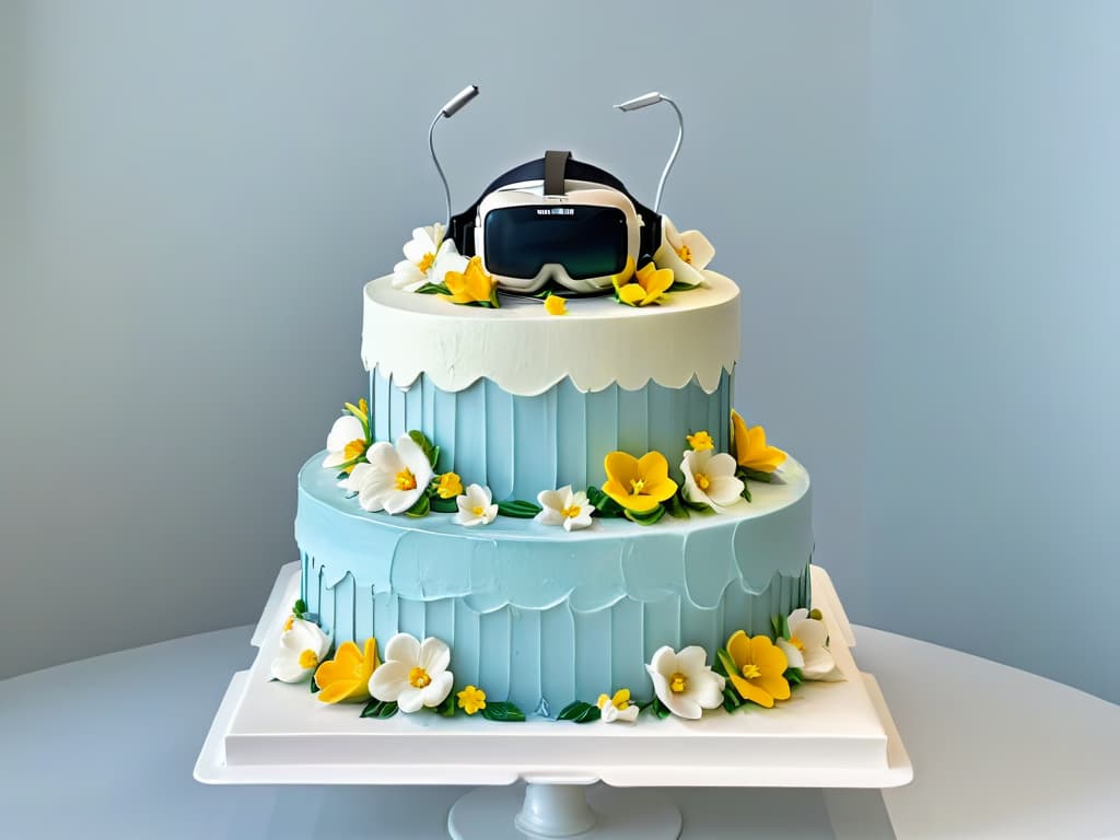  An ultradetailed image of a virtual reality headset displaying a realistic 3D model of a beautifully decorated and intricately designed wedding cake. The cake features elaborate icing details, delicate sugar flowers, and elegant decorations, all set against a clean, modern backdrop. The focus is on the stunning craftsmanship of the cake, showcasing the potential for immersive and engaging virtual reality experiences in the teaching of pastry arts. hyperrealistic, full body, detailed clothing, highly detailed, cinematic lighting, stunningly beautiful, intricate, sharp focus, f/1. 8, 85mm, (centered image composition), (professionally color graded), ((bright soft diffused light)), volumetric fog, trending on instagram, trending on tumblr, HDR 4K, 8K