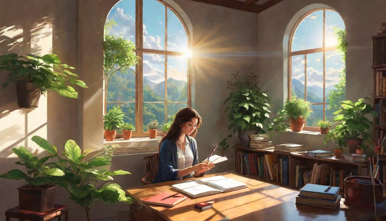  digital illustration, 1woman, seated by a window with sunlight filtering through, holding a pen poised above a notebook, contemplative face, cozy room filled with books and plants, relaxed yet focused atmosphere, serene, introspective, looking at viewer, dynamic pose, (intricate details, masterpiece, best quality)