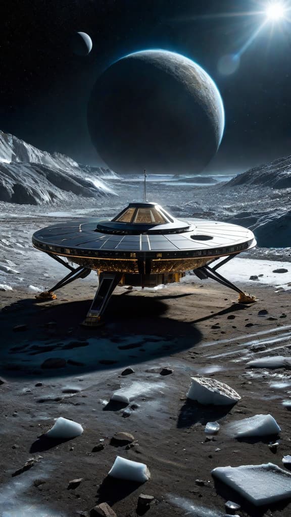  (An advanced alien spacecraft cloaked in an invisible force field, surrounded by icy debris and fragments from the Kuiper belt. In the foreground, a small scientific probe with sensors and instruments, beginning to evolve and transform as it is influenced by the alien technology.) hyperrealistic, full body, detailed clothing, highly detailed, cinematic lighting, stunningly beautiful, intricate, sharp focus, f/1. 8, 85mm, (centered image composition), (professionally color graded), ((bright soft diffused light)), volumetric fog, trending on instagram, trending on tumblr, HDR 4K, 8K