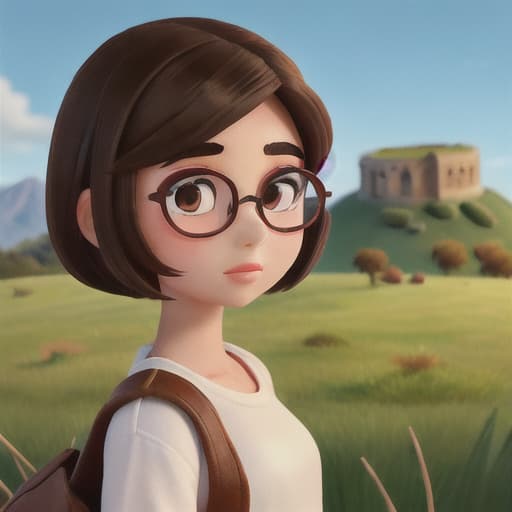  Make a girl with white complexion, 13 years old, brown eyes, shoulder-length dark brown hair, black glasses, Roman nose, round face, small chin, arched and bushy eyebrows, round eyes, medium length eyelashes with volume with a landscape background with grass.