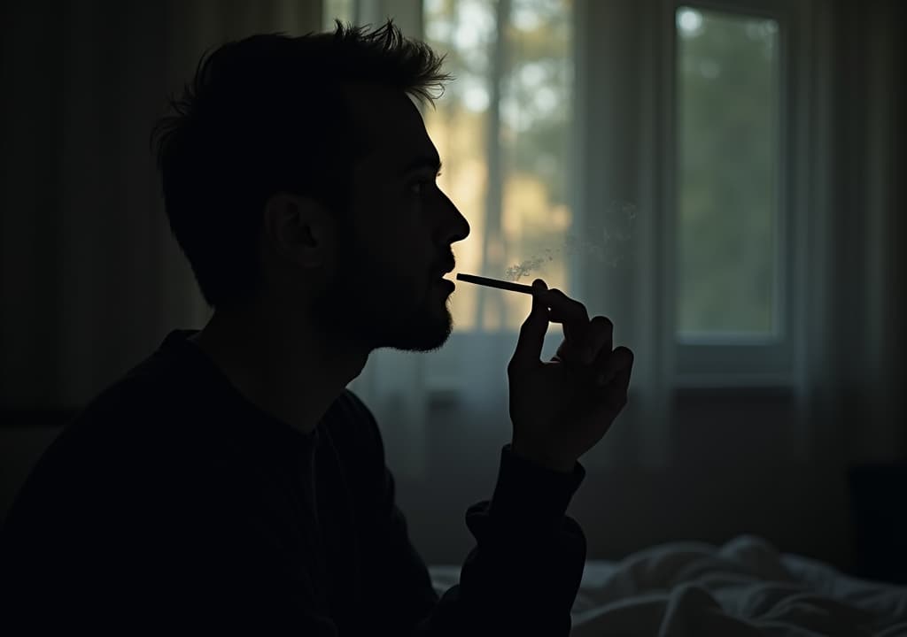  good quality, high quality, a far silhouette of a man in his bedroom looking for a way out of his depression and loneliness, smoking a joint