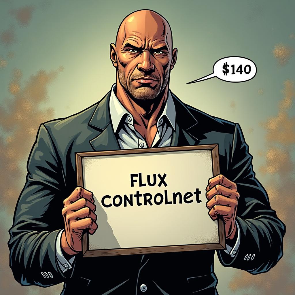  comic style, dwayne johnson holding a board where it displays 'flux controlnet on modelslab'.