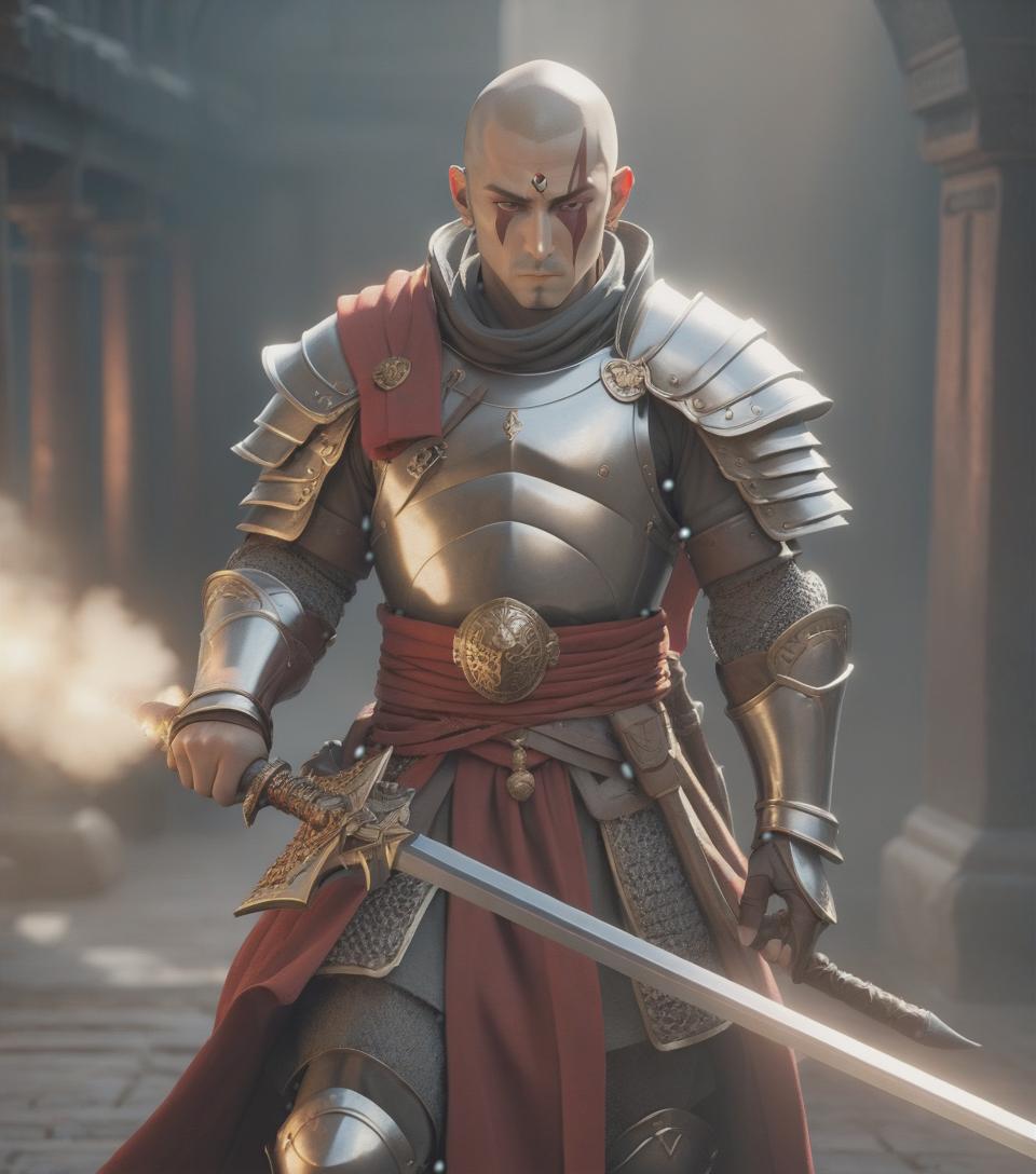  A warrior monk in steel armor with a sword, eyes bandaged hyperrealistic, full body, detailed clothing, highly detailed, cinematic lighting, stunningly beautiful, intricate, sharp focus, f/1. 8, 85mm, (centered image composition), (professionally color graded), ((bright soft diffused light)), volumetric fog, trending on instagram, trending on tumblr, HDR 4K, 8K