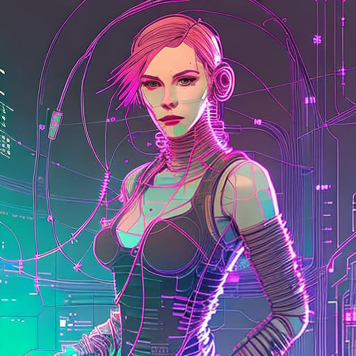 nvinkpunk "Create a digital portrait of a woman in the future, surrounded by an environment featuring intricate wires and electrical connections in the background. Incorporate futuristic details such as augment