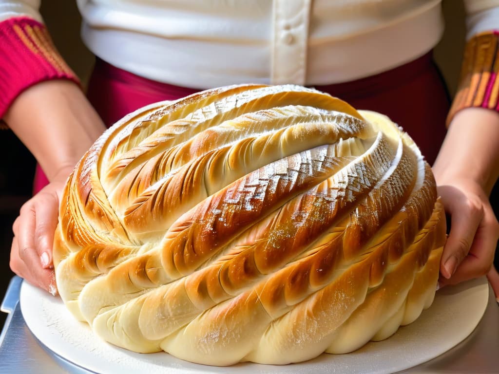  An ultracloseup shot of a baker's hands expertly shaping a intricate braided loaf of bread, showcasing the meticulous and refined techniques of advanced artisanal baking. The hands are dusted with a fine layer of flour, the dough glistens with a hint of olive oil, and the background is a simple, clean surface that allows the focus to remain on the intricate details of the breadmaking process. hyperrealistic, full body, detailed clothing, highly detailed, cinematic lighting, stunningly beautiful, intricate, sharp focus, f/1. 8, 85mm, (centered image composition), (professionally color graded), ((bright soft diffused light)), volumetric fog, trending on instagram, trending on tumblr, HDR 4K, 8K