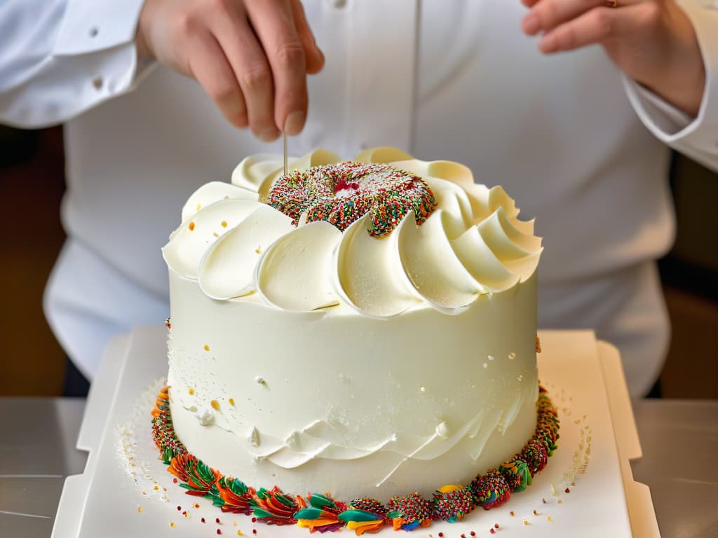  A minimalistic yet highly detailed image of a pastry chef gracefully adjusting a delicate sugar sculpture on a multitiered cake, surrounded by a whirlwind of colorful sprinkles suspended midair in a spotless, pristine kitchen. The focus is on the chef's hands, meticulously crafting the sugar design, showcasing skill, precision, and resilience in the face of unexpected challenges. hyperrealistic, full body, detailed clothing, highly detailed, cinematic lighting, stunningly beautiful, intricate, sharp focus, f/1. 8, 85mm, (centered image composition), (professionally color graded), ((bright soft diffused light)), volumetric fog, trending on instagram, trending on tumblr, HDR 4K, 8K