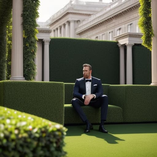  The image presents a man poised confidently in an outdoor setting, which is likely a manicured space adjoining a building of classical design. The building itself, partly visible in the background, boasts a series of arched windows and distinct columns reminiscent of neoclassical architecture, indicating a formal and possibly affluent setting. The greenery framing the building is dense and vibrant, suggesting meticulous landscaping, and the ground is covered with what appears to be a perfectly maintained bright green artificial turf, enhancing the location's upscale feel.

The man is squarely in the foreground and is the focal point of the image. He appears to be in his late twenties to early thirties and displays a polished and well-mainta hyperrealistic, full body, detailed clothing, highly detailed, cinematic lighting, stunningly beautiful, intricate, sharp focus, f/1. 8, 85mm, (centered image composition), (professionally color graded), ((bright soft diffused light)), volumetric fog, trending on instagram, trending on tumblr, HDR 4K, 8K