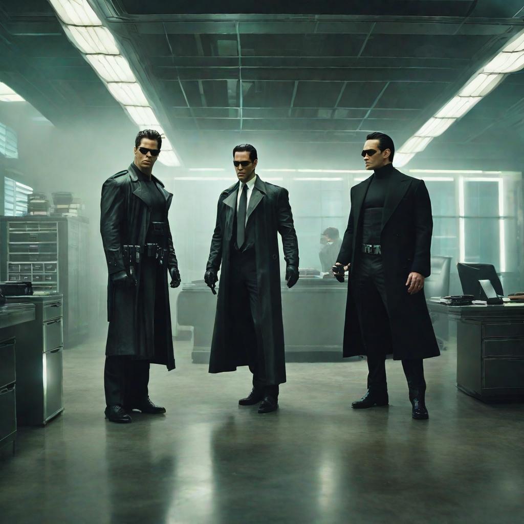  Agents from the Matrix arresting Neo at his office hyperrealistic, full body, detailed clothing, highly detailed, cinematic lighting, stunningly beautiful, intricate, sharp focus, f/1. 8, 85mm, (centered image composition), (professionally color graded), ((bright soft diffused light)), volumetric fog, trending on instagram, trending on tumblr, HDR 4K, 8K