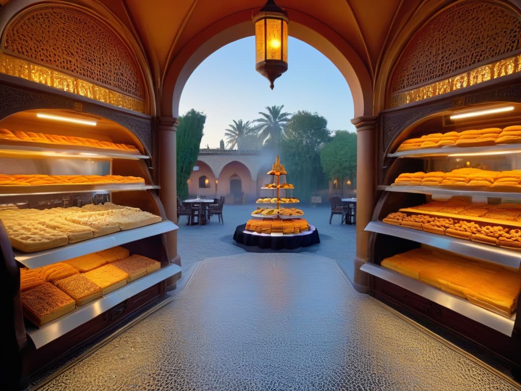  A photorealistic image of a traditional Spanish bakery filled with colorful pastries and desserts influenced by Arabic flavors, such as baklava, turron, and honeysoaked pastries, displayed on ornate ceramic plates. The warm, inviting bakery is adorned with intricate Moorish tiles, arches, and hanging lanterns, exuding a rich cultural fusion of Spanish and Arabic influences in pastrymaking. hyperrealistic, full body, detailed clothing, highly detailed, cinematic lighting, stunningly beautiful, intricate, sharp focus, f/1. 8, 85mm, (centered image composition), (professionally color graded), ((bright soft diffused light)), volumetric fog, trending on instagram, trending on tumblr, HDR 4K, 8K