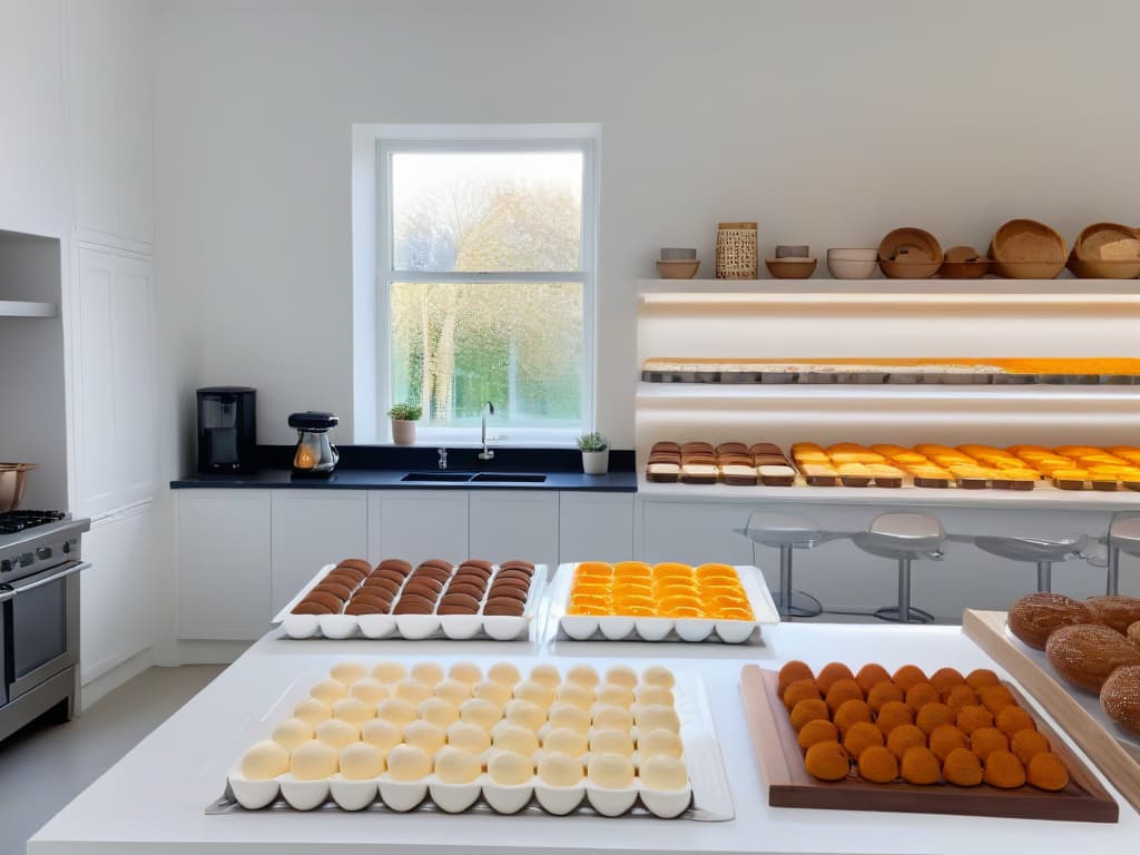  A detailed photorealistic image of a modern, wellequipped online baking course kitchen with sleek countertops, filled with an array of baking tools such as mixers, measuring cups, piping bags, and an assortment of ingredients like flour, sugar, and eggs neatly organized on shelves. The room is brightly lit with natural sunlight streaming in through a large window, casting soft shadows on the pristine white walls and clean, glossy floors. A computer displaying an engaging online baking course is open on the counter, with a pair of hands in the frame, ready to start baking, adding a touch of human presence to the scene. hyperrealistic, full body, detailed clothing, highly detailed, cinematic lighting, stunningly beautiful, intricate, sharp focus, f/1. 8, 85mm, (centered image composition), (professionally color graded), ((bright soft diffused light)), volumetric fog, trending on instagram, trending on tumblr, HDR 4K, 8K