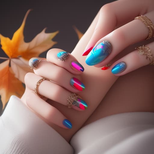 2023 holiday nail art, fall,winter,Thanksgiving, christmas, happy new year, popular nail art trends hyperrealistic, full body, detailed clothing, highly detailed, cinematic lighting, stunningly beautiful, intricate, sharp focus, f/1. 8, 85mm, (centered image composition), (professionally color graded), ((bright soft diffused light)), volumetric fog, trending on instagram, trending on tumblr, HDR 4K, 8K