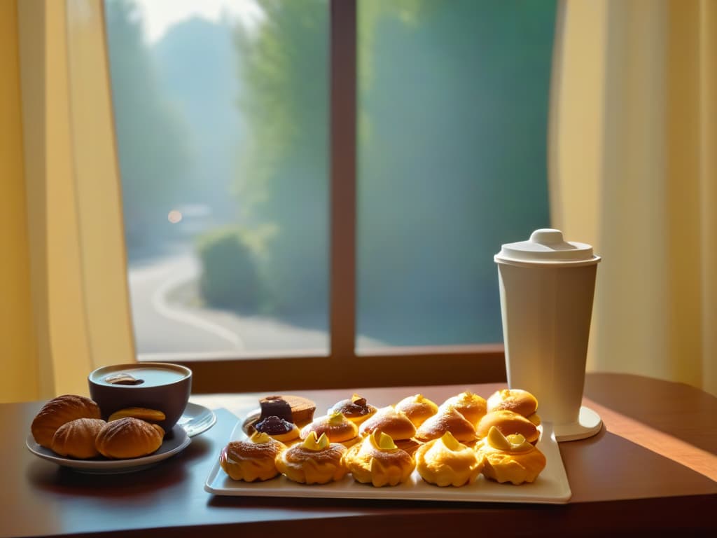  An ultradetailed image of a serene kitchen setting at sunrise, with soft golden light filtering through sheer curtains, casting a warm glow over a marble countertop adorned with freshly baked pastries and a steaming cup of coffee. The scene exudes a sense of tranquility and anticipation, inviting the viewer to imagine themselves embarking on a culinary retreat filled with learning and creativity. hyperrealistic, full body, detailed clothing, highly detailed, cinematic lighting, stunningly beautiful, intricate, sharp focus, f/1. 8, 85mm, (centered image composition), (professionally color graded), ((bright soft diffused light)), volumetric fog, trending on instagram, trending on tumblr, HDR 4K, 8K