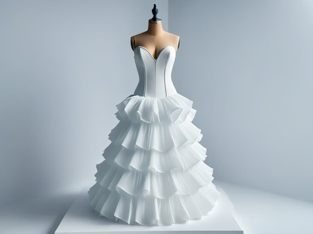  A minimalist blackandwhite image of a delicate sugar sculpture resembling a highfashion gown, intricately detailed with elegant ruffles and floral patterns. The sculpture stands on a sleek pedestal, casting a soft shadow against a clean, unadorned backdrop, exuding a sense of grace and sophistication. hyperrealistic, full body, detailed clothing, highly detailed, cinematic lighting, stunningly beautiful, intricate, sharp focus, f/1. 8, 85mm, (centered image composition), (professionally color graded), ((bright soft diffused light)), volumetric fog, trending on instagram, trending on tumblr, HDR 4K, 8K