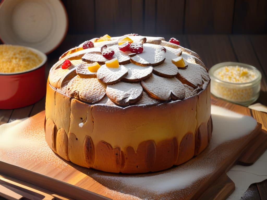  A closeup, ultradetailed image of a perfectly baked panettone, showcasing its goldenbrown crust with a glossy finish, studded with candied fruits and dusted with powdered sugar, sitting on a rustic wooden cutting board against a softfocus background of a cozy bakery setting. hyperrealistic, full body, detailed clothing, highly detailed, cinematic lighting, stunningly beautiful, intricate, sharp focus, f/1. 8, 85mm, (centered image composition), (professionally color graded), ((bright soft diffused light)), volumetric fog, trending on instagram, trending on tumblr, HDR 4K, 8K