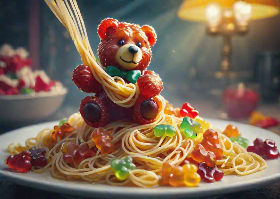  serving of delicious spaghetti decorated with gummi bears hyperrealistic, full body, detailed clothing, highly detailed, cinematic lighting, stunningly beautiful, intricate, sharp focus, f\/1. 8, 85mm, (centered image composition), (professionally color graded), ((bright soft diffused light)), volumetric fog, trending on instagram, trending on tumblr, HDR 4K, 8K hyperrealistic, full body, detailed clothing, highly detailed, cinematic lighting, stunningly beautiful, intricate, sharp focus, f\/1. 8, 85mm, (centered image composition), (professionally color graded), ((bright soft diffused light)), volumetric fog, trending on instagram, trending on tumblr, HDR 4K, 8K hyperrealistic, full body, detailed clothing, highly detailed, cinematic lighting, stunningly beautiful, intricate, sharp focus, f/1. 8, 85mm, (centered image composition), (professionally color graded), ((bright soft diffused light)), volumetric fog, trending on instagram, trending on tumblr, HDR 4K, 8K