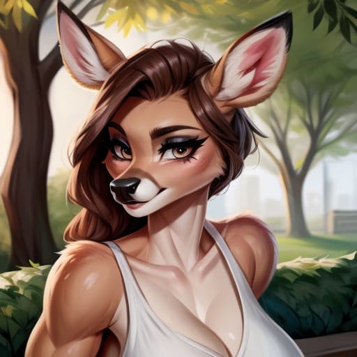  Deer, , gles, johnfoxart, park, best quality, best anatomy, (:1.5), piercing, brown hair, open eyes, digital art, masterpiece, 4k, fine details,