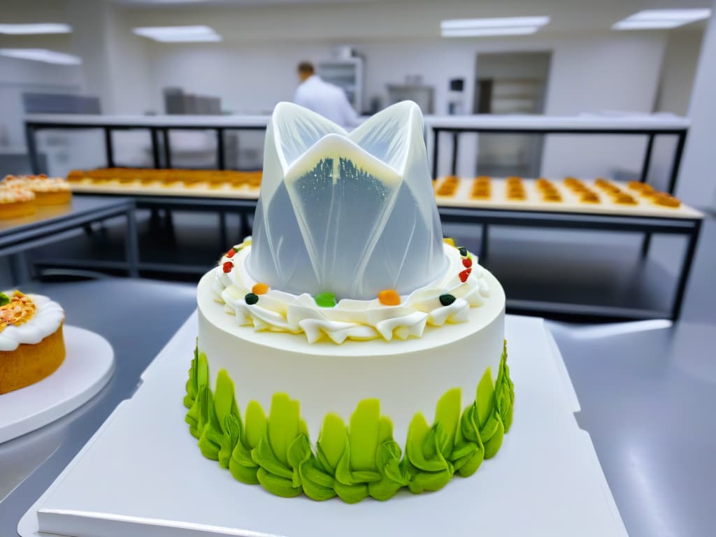  A photorealistic image of a intricate, delicately designed pastry chef's hat being 3D printed in a classroom setting filled with eager students watching in awe. The 3D printer is in focus, capturing every detail of the hat being slowly formed layer by layer with precision. The background showcases shelves filled with colorful baking ingredients and tools, enhancing the educational and professional atmosphere of the scene. hyperrealistic, full body, detailed clothing, highly detailed, cinematic lighting, stunningly beautiful, intricate, sharp focus, f/1. 8, 85mm, (centered image composition), (professionally color graded), ((bright soft diffused light)), volumetric fog, trending on instagram, trending on tumblr, HDR 4K, 8K