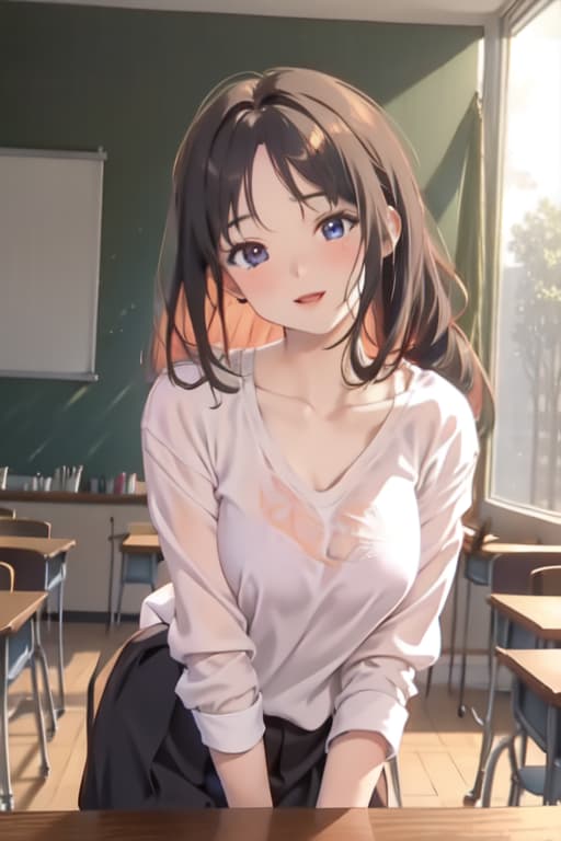  Masterpiece, 1girl, parted lips, blush, makeup, light smile, uniform, classroom, light rays, glow,, collarbone, narrow waist, (masterpiece), wallpaper, sheer shirt, uncensored,bent over table showing round