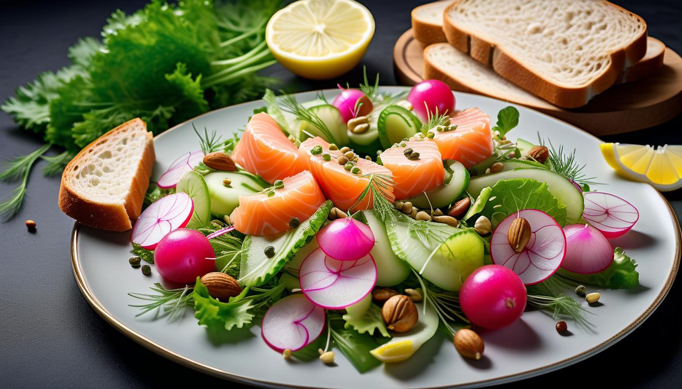  Smoked salmon salad wreath of lettuce and nuts, Fresh and festive wreath of smoked salmon salad, Cucumber, Radishes, Fresh fennel, Capers, Fresh lemon slices, drizzled with dressing and slices of bread with seeds, presentation idea, masterpiece, served on beautiful plates, on a beautiful dining table, gourmet dish, luxuriously food served, studio photography, professional photography, ultra realistic, rich textured layers, studio lights, long shot, hyper detail, hyperrealistic, full body, detailed clothing, highly detailed, cinematic lighting, stunningly beautiful, intricate, sharp focus, f/1. 8, 85mm, (centered image composition), (professionally color graded), ((bright soft diffused light)), volumetric fog, trending on instagram, trending on tumblr, HDR 4K, 8K