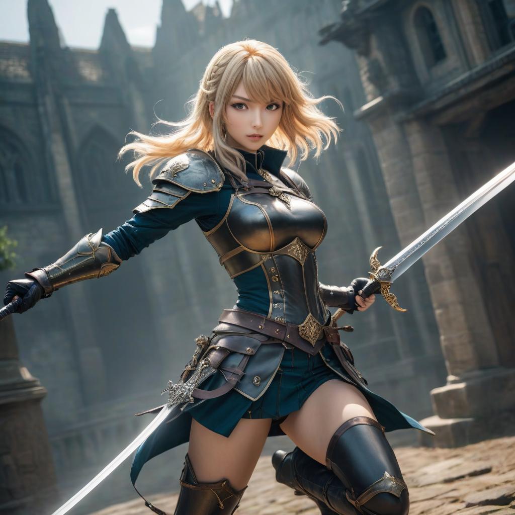  anime artwork Anime girl knight, striking with a sword, leaping . anime style, key visual, vibrant, studio anime, highly detailed hyperrealistic, full body, detailed clothing, highly detailed, cinematic lighting, stunningly beautiful, intricate, sharp focus, f/1. 8, 85mm, (centered image composition), (professionally color graded), ((bright soft diffused light)), volumetric fog, trending on instagram, trending on tumblr, HDR 4K, 8K