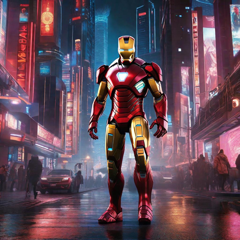  masterpiece, best quality, Best quality, masterpiece, 8k resolution, realistic, highly detailed, close up of Iron Man. In a cyberpunk-style night scene of the city, he stands on a street lined with tall buildings. The city's night lights are bright, The surrounding buildings and streets are filled with cyberpunk elements such as neon lights, high-tech devices, and futuristic architectural designs.